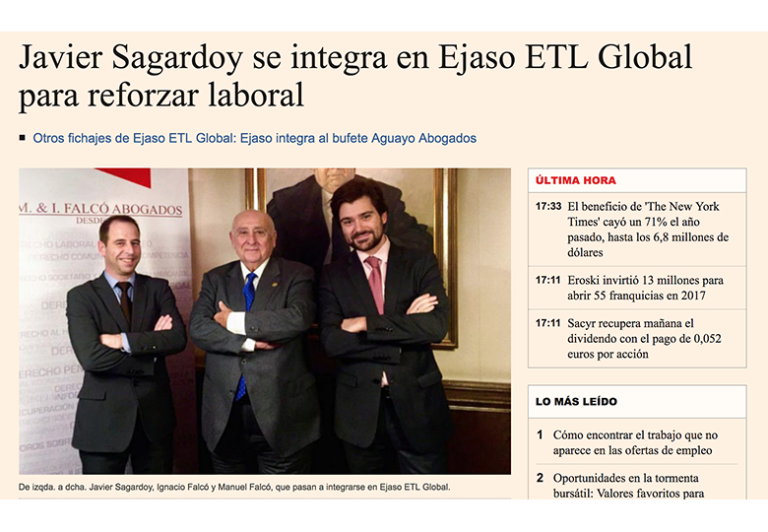 Javier Sagardoy se una a EJASO ETL GLOBAL para reforzar el área laboral. – Abril 2017