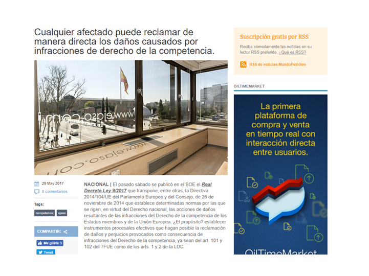 Cualquier afectado puede reclamar de manera directa los daños causados por infracciones de derecho de la competencia – Mayo 2017