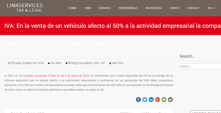 ‘En la venta de un vehículo afecto al 50% a la actividad empresarial la compañía debe repercutir IVA sólo sobre el 50% del precio’