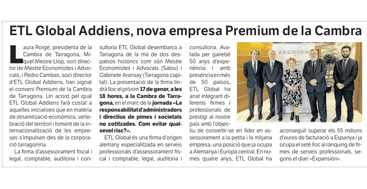 ETL Global ADD nueva empresa premium de la Cambra de Tarragona